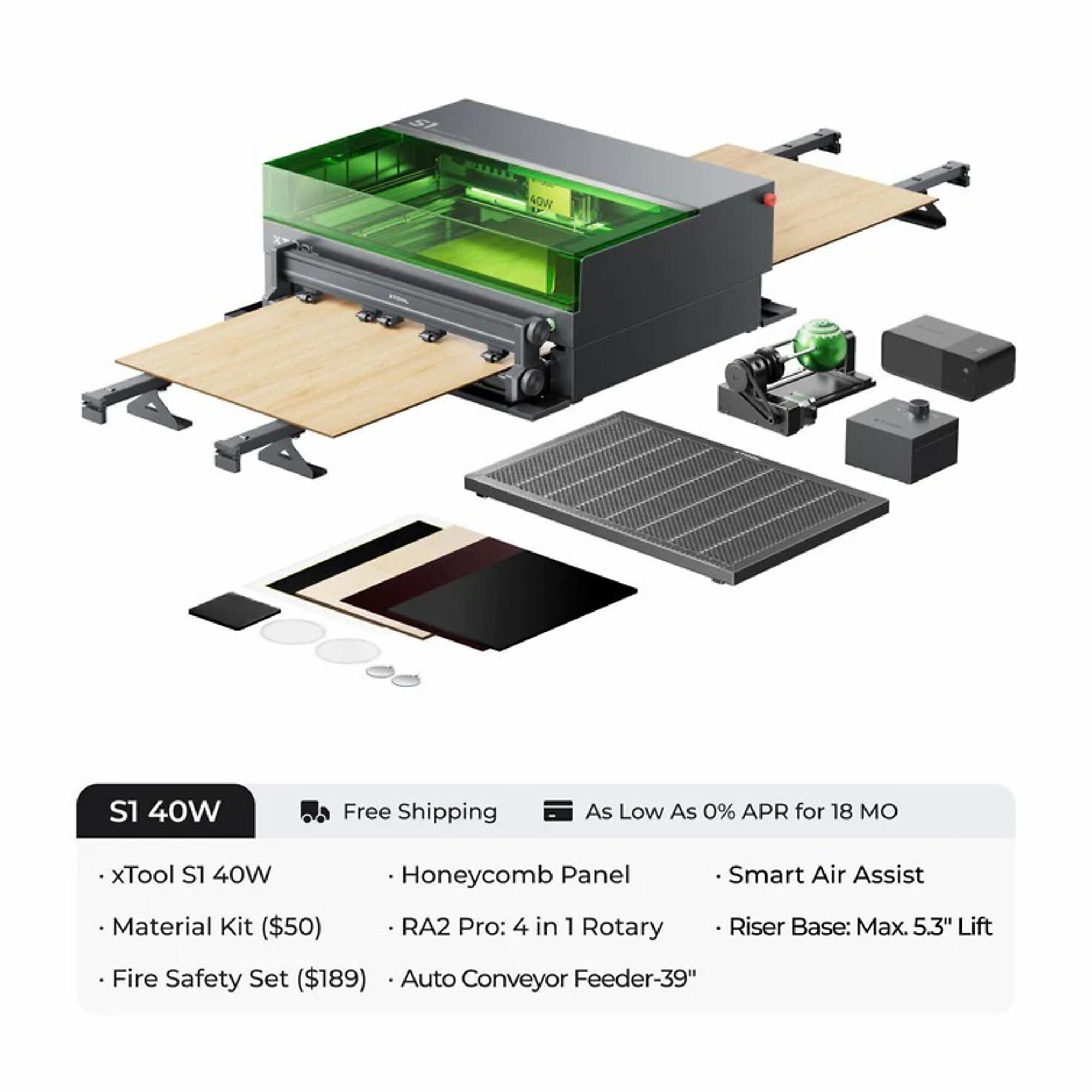xTool, Laser Cutter and Engraver, 40w, 600mm/s, Working Width 25.98 in, Working Length 33.86 in, Laser Power 40 W, Model# xTool S1 40W Deluxe Bundle